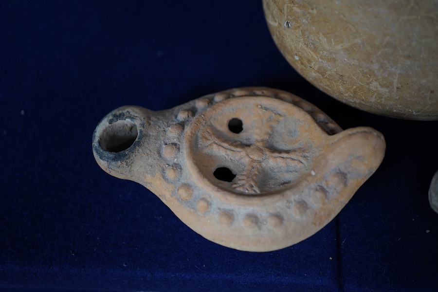 Three ancient pottery vessels, including an askos, largest 14cm high. Condition - good for age and use